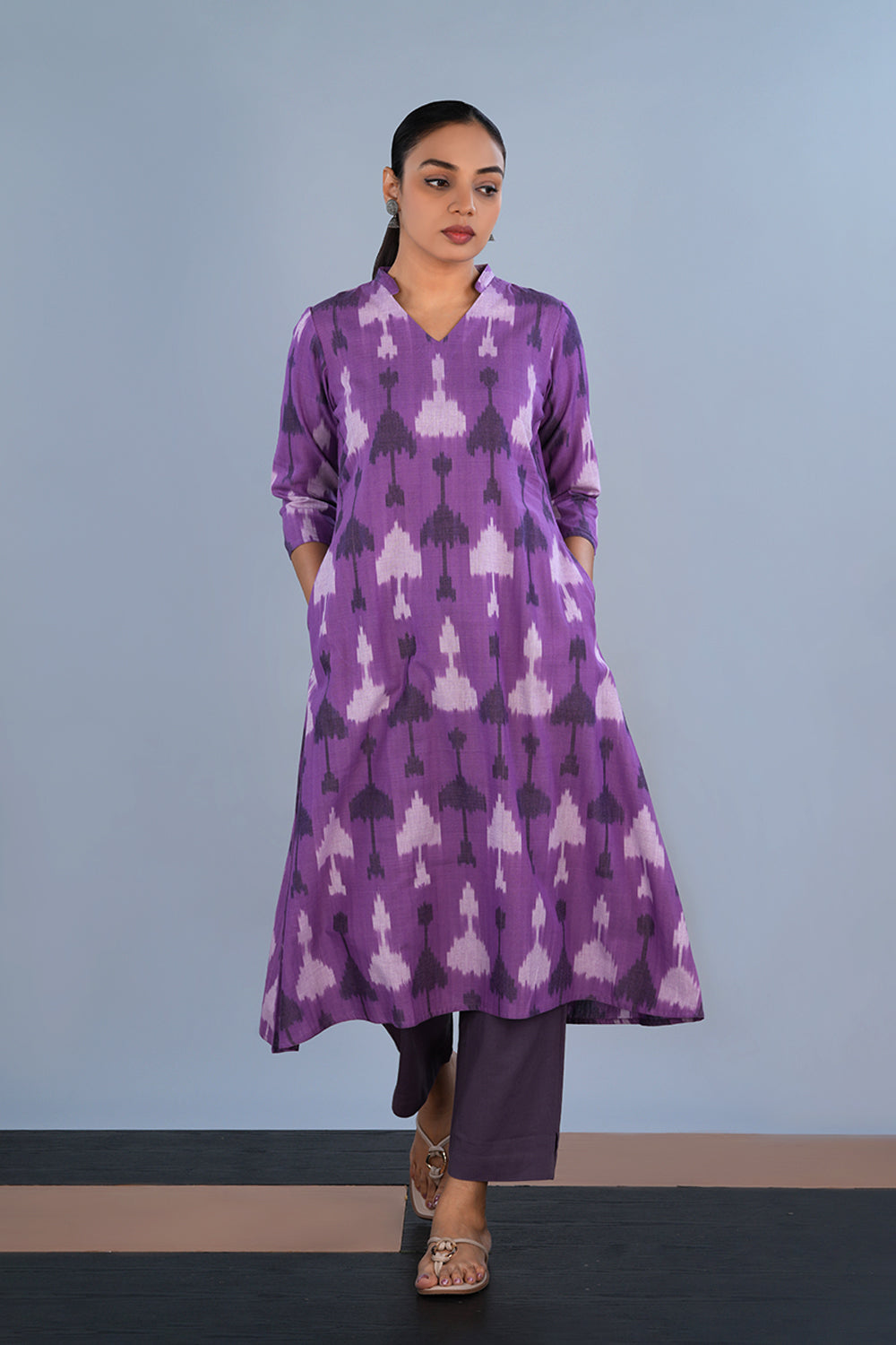Image of Dusty lilac Cotton Pochampally Ikat Kurta